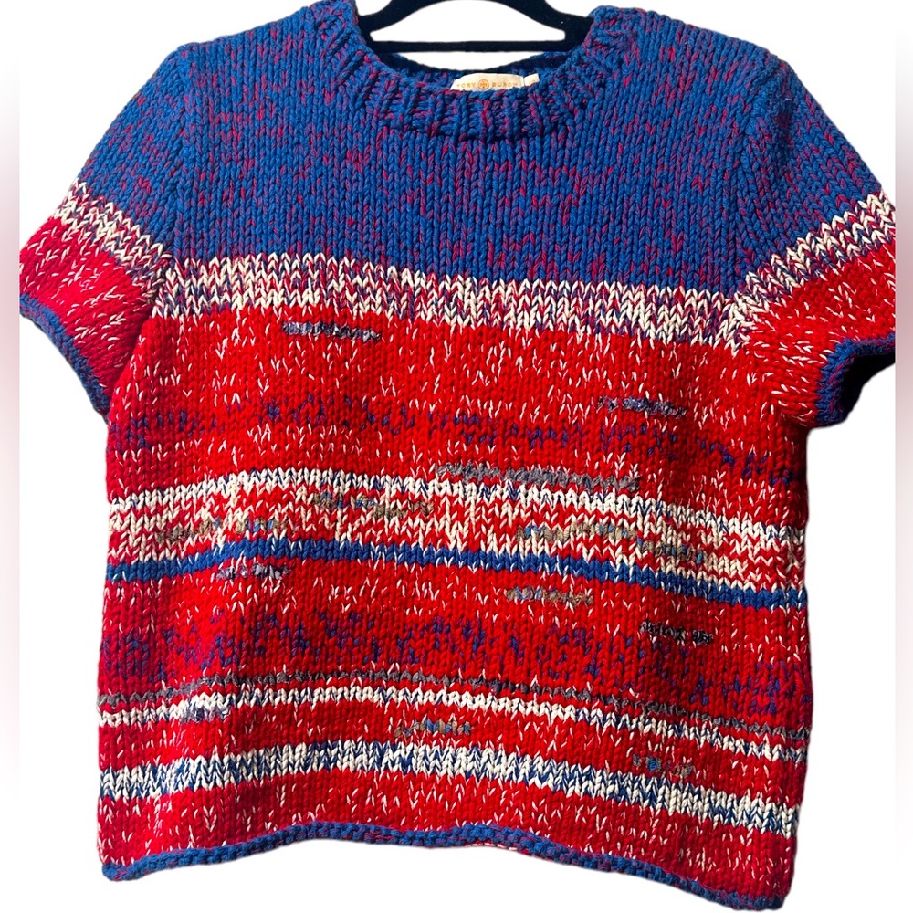 Tory Burch Mouline Short Sleeve Thick Cotton Sweater Runway Collectionq